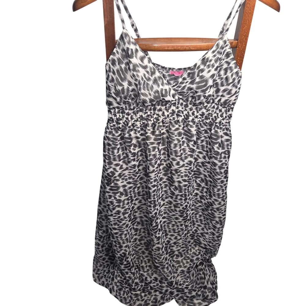 Sky Souls Y2K Animal Print Smocked Slip Dress Grey Black White